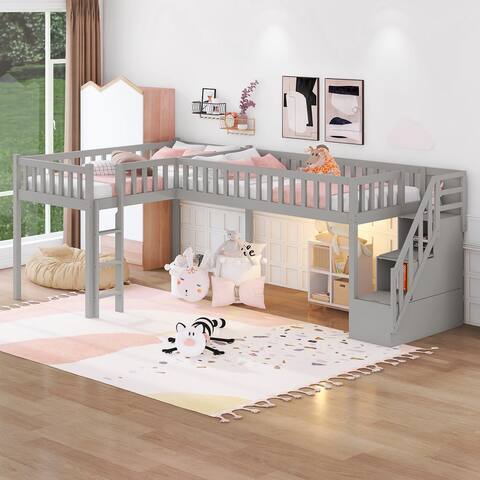 L-Shaped Twin Size Loft Bed with Staircase and Ladder