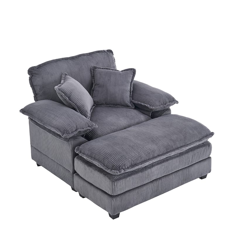 56.3 Inch Corduroy Single Deep Seat Sofa Chair With 2 Toss Pillows and a Ottoman