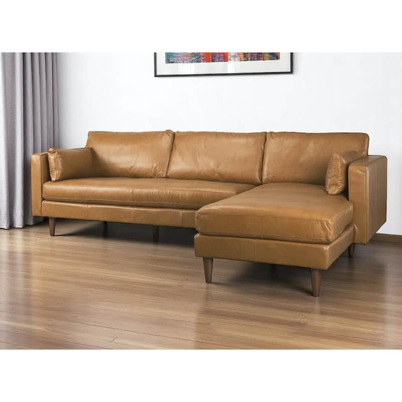HomeRoots Tan Genuine Leather L Shaped Sofa and Chaise Sectional With Toss Pillows