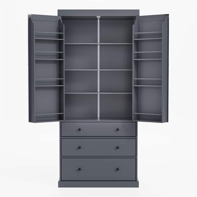 Freestanding Tall Cupboard Storage Cabinet w/ 8 Door Shelves, 3 Drawer