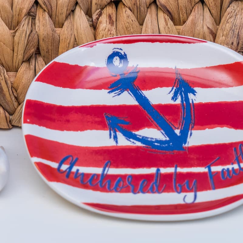 Red White & Blue Stripes Anchored By Faith 4th of July Patriotic Decoration Trinket Dish