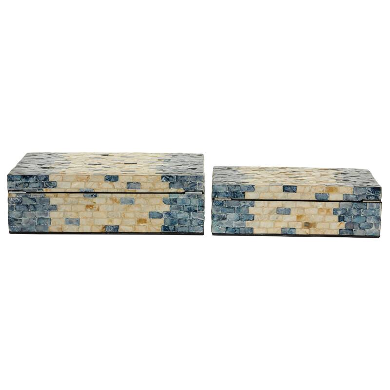Mother of Pearl Shell Handmade Decorative Box with Hinged Lid Set of 2 Blue or Cream - Roche River Décor