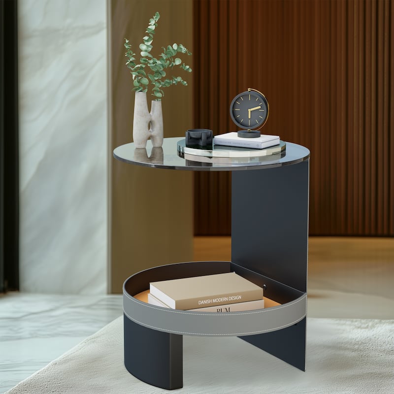 ARTLOGE 2-Tier Glass End Table Distinctive End Table with Tempered Glass-top Saddle Leather Shelf Accent Table for Bedroom