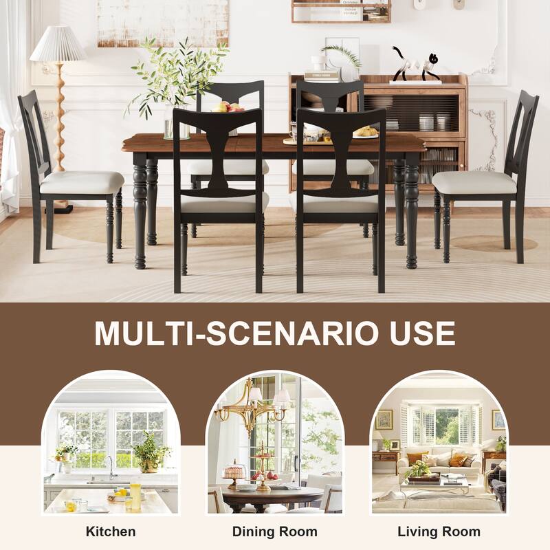 7-Piece Extendable Dining Table Set, Wood Table with Removable Leaf, Kitchen Dining Set with 6 Upholstered Chairs