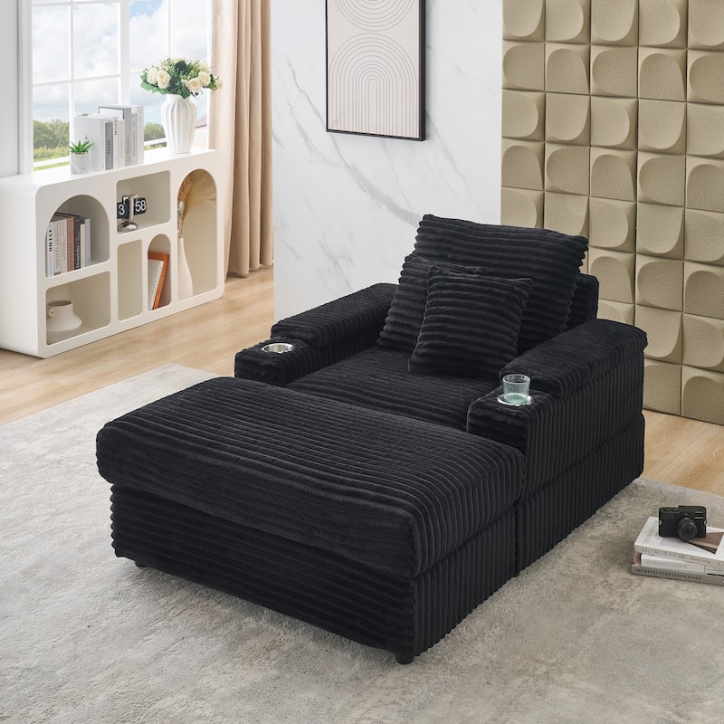 Black Corduroy Single Sofa with Pillows and Ottoman