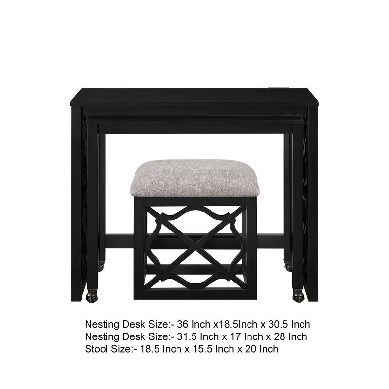 Syna 3 Piece Nesting Desk and Stool Set, Black Wood, Gray Polyester