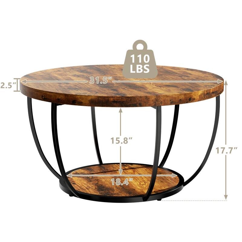 31.5 Inch Round Coffee Table 2 Tier Wood with Storage Modern for Living Room Kitchen