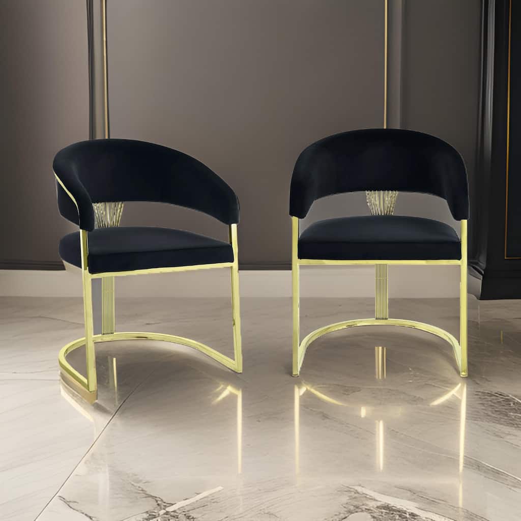 Verie 22 Inch Side Dining Chair, Gold Base, Padded Black Velvet