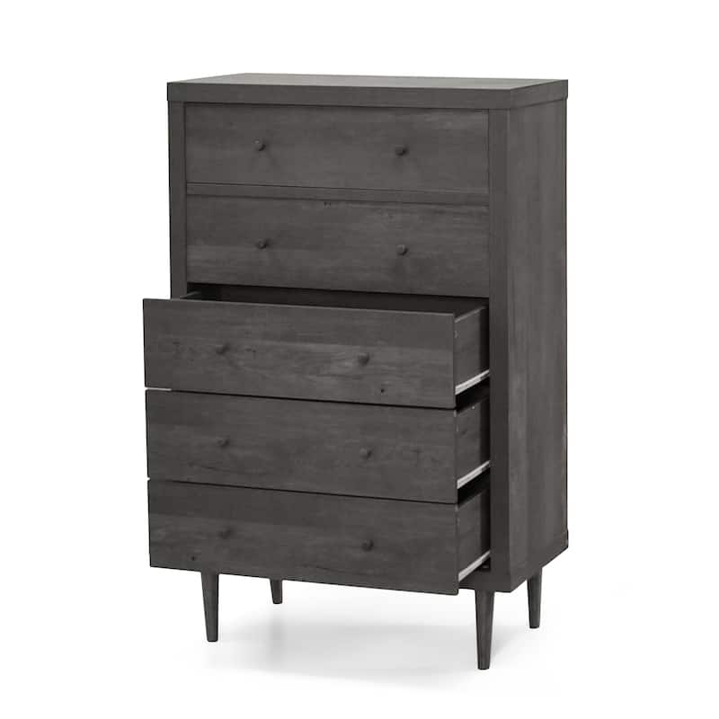 Minie Tall Dresser Chest, 5 Drawers, Rubberwood Legs, Modern Gray