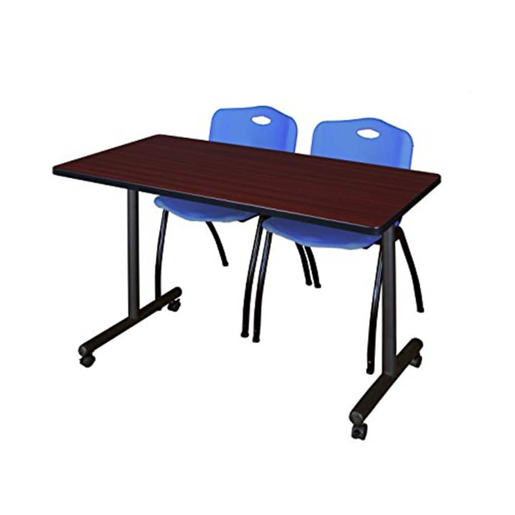 48" x 24" Mobile Training Table- Mahogany & 2 'M' Stack Chairs- Blue
