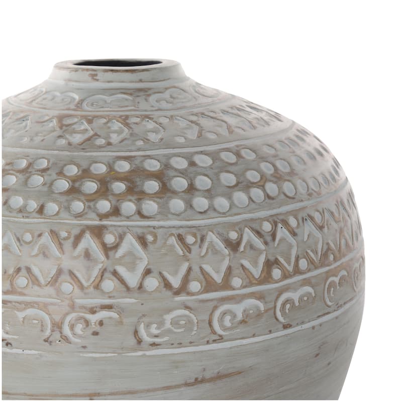 Ceramic Handmade Antique Style Wide Rounded Decorative Vase with Geometric Tribal Carvings - Green - Roche River Decor