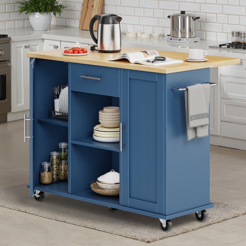 2-Door Kitchen Island with Drawer & Drop Leaf - Mobile Storage Cart on Lockable Wheels for Kitchen, Dining Room, Bar - Blue/Yellow
