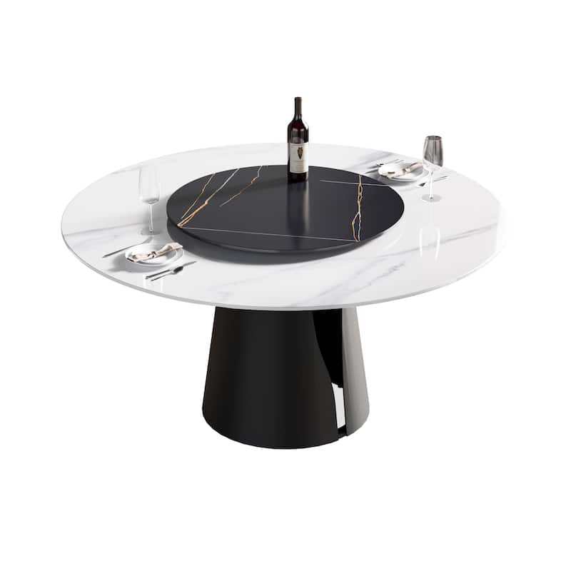59" Round Slate Dining Table, White Marble Top with Black Metal Pedestal