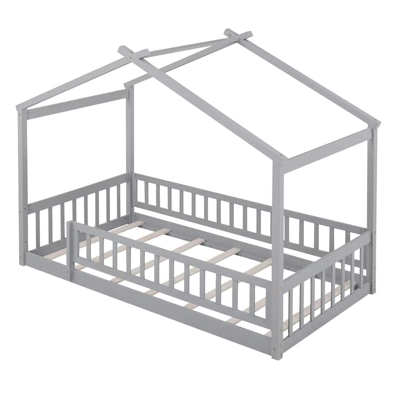 Twin Size Wood Bed Frame with Roof and Fence, Ideal for Children's Playhouse and Sleeping Space
