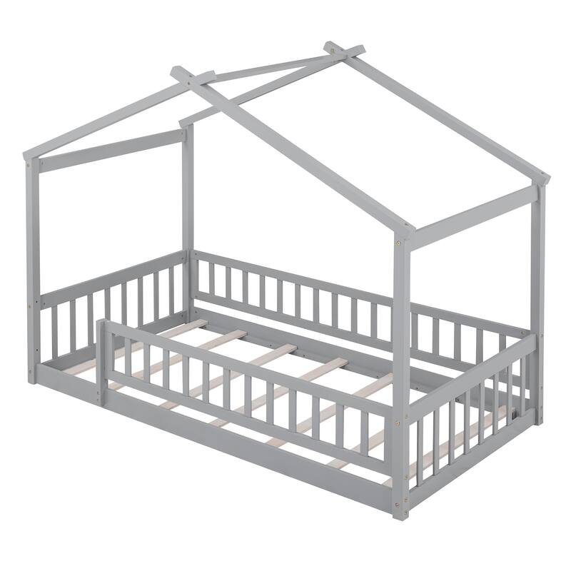Twin Size Wood House Bed Frame with Fence for Kids and Teens, Gray