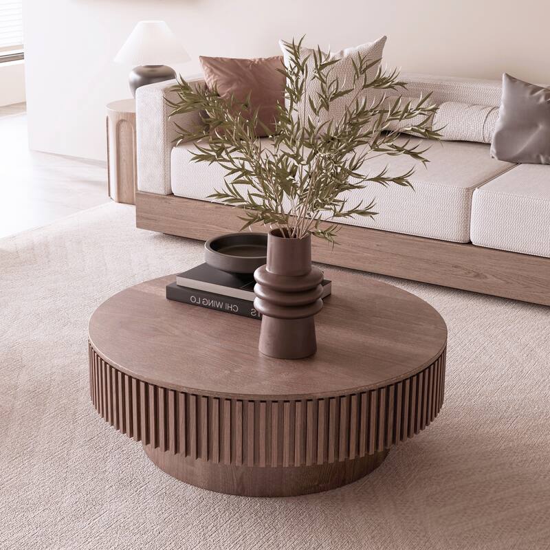39.37 Inch Round Coffee Table with Storage - Walnut