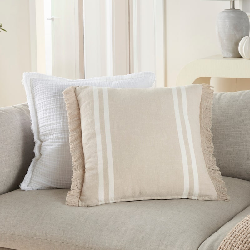 Mina Victory Lifestyle Cotton Linen Stripes 20" x 20" Beige Indoor Throw Pillow