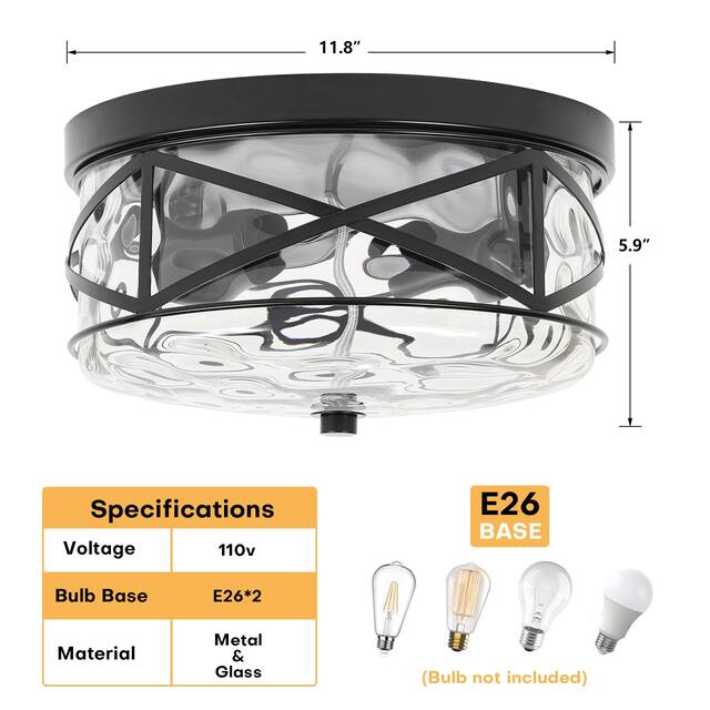 2-Light Flush Mount Glass Ceiling Light with Metal Frame - N/A