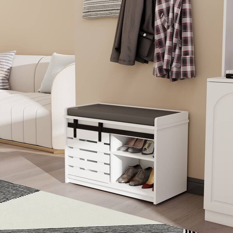 Modern Shoe Storage Bench, 2-Tier Entryway Bench with Sliding Barn Door & 2 Adjustable