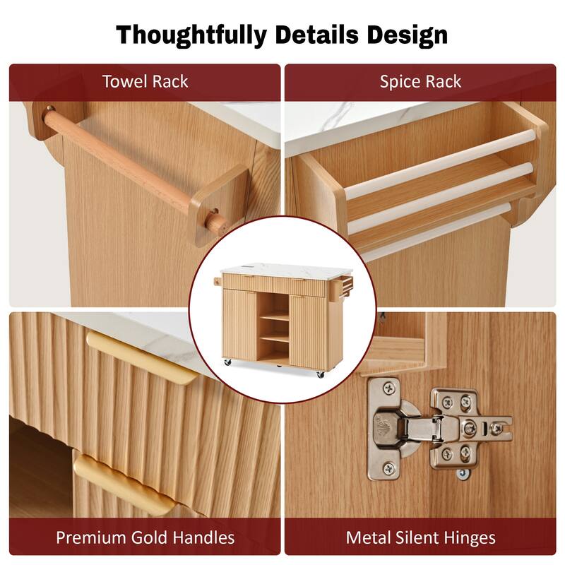 52" Fluted Rolling Kitchen Island with Drop Leaf, Wood Top Kitchen Cart with 2 Drawers and Adjustable Shelves for Dining Room
