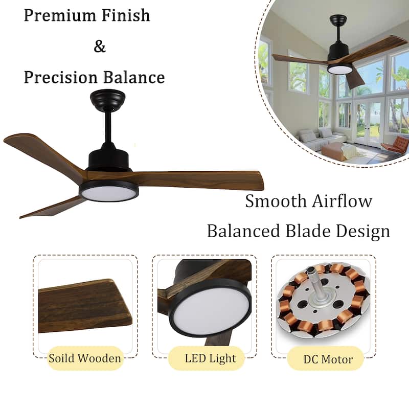 42-Inch Ceiling Fan with Light, Solid Wood Blades, 2 Downrods for Sloped Ceiling ≤15°, Quiet Reversible DC Motor - Natural Wood