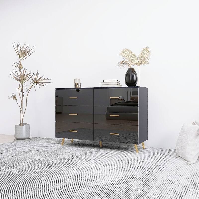 Modern Dresser Chest With 6 Drawers and Golden Handle，High Glossy Surface