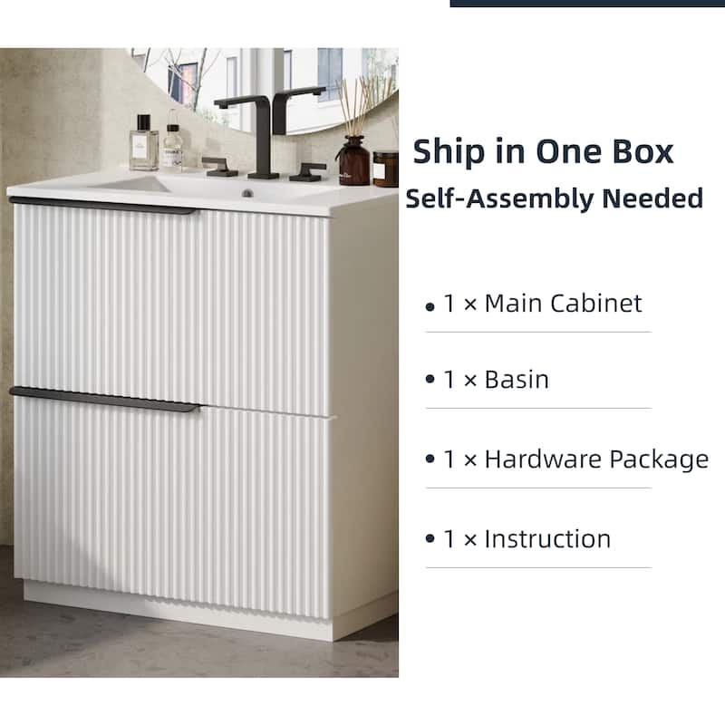 30" Bathroom Vanity with Ceramic Sink, Full-Extension Drawers, Soft Close Slides, and Fluted Design
