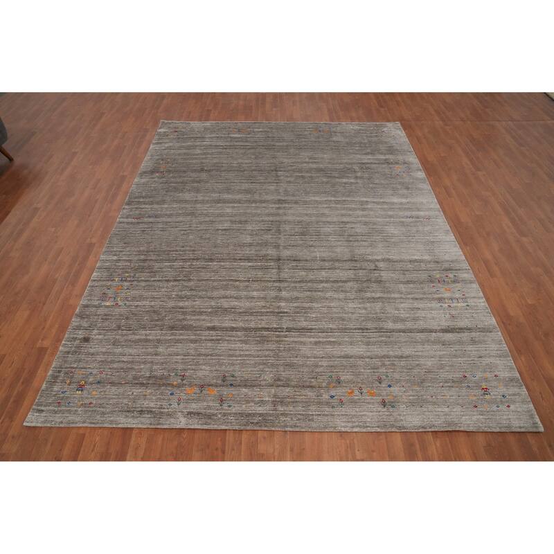 Hand Knotted Oriental Viscose Silk Carpet Tribal Animal Pictorial Greys & Charcoal Gabbeh Area Rug - 11' 11'' X 9' 1''
