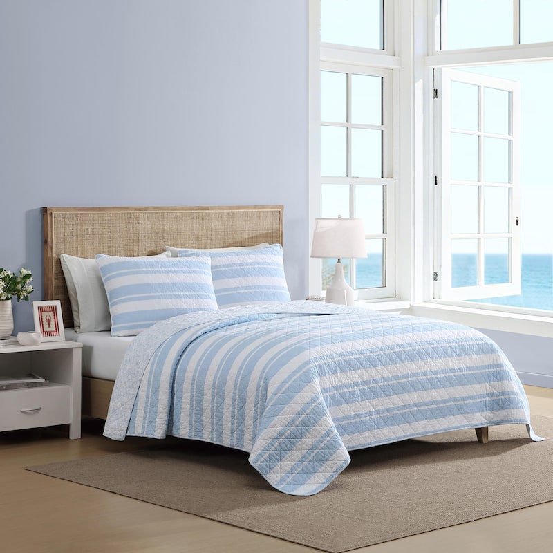 Nautica Seafront Stripe Blue Cotton Reversible Quilt Set