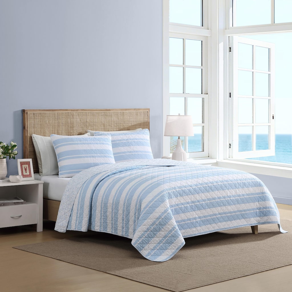 Nautica Seafront Stripe Blue Cotton Reversible Quilt Set