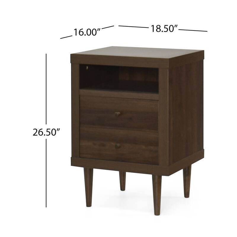 Minie Nightstand with 2 Drawers, Shelf, Rubberwood Legs, Walnut Brown
