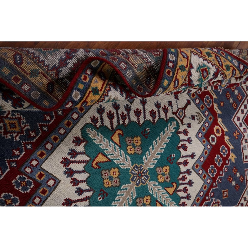 Geometric Kazak Area Rug Hand-Knotted Blue Oriental Wool Carpet - 8'10" x 11'8"