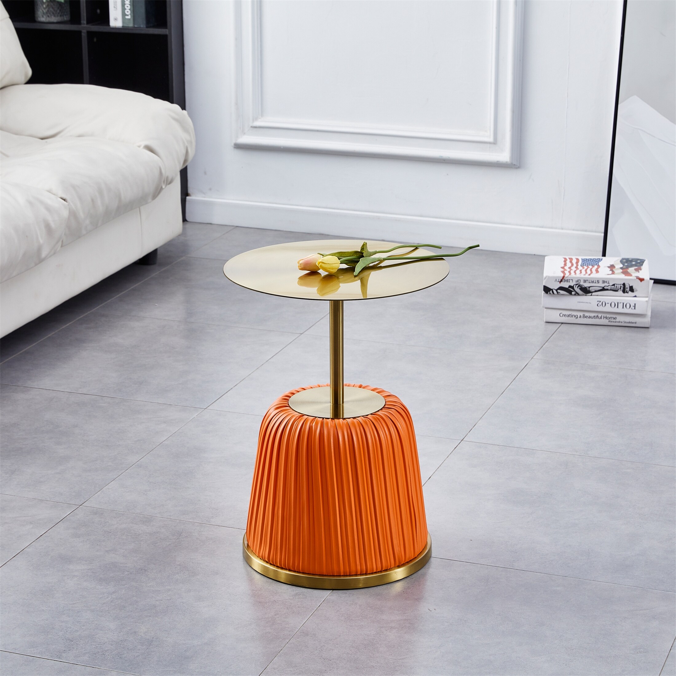 TONWIN Luxury Gold Top with Metal Covered PU Side Table for Living Room