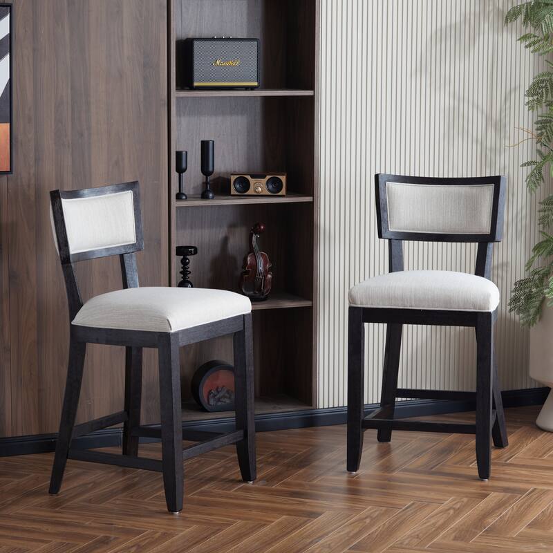 Modern 26.5" Set of 2 Bar Stools with Backrest, Foam Cushioned Seat, Solid Wood Frame, Armless for Bar Counter Kitchen Island - Beige+Black