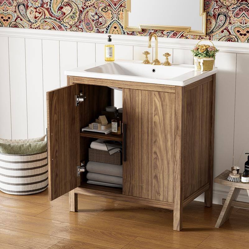 30" Wood Color Bathroom Vanity with Single Sink,Solid Wood Frame