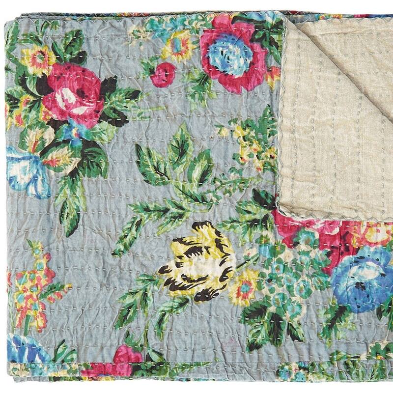 HomeRoots 50" X 70" Pink Gray and Blue Kantha Cotton Floral Throw Blanket with Embroidery