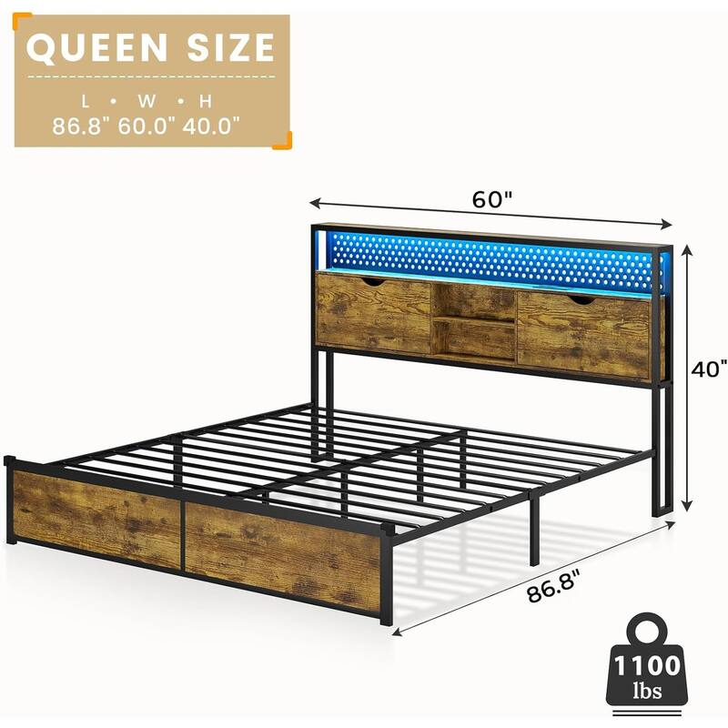 Bed Frame Hidden Storage Headboard 2-Tier Built-in LED Lights Metal