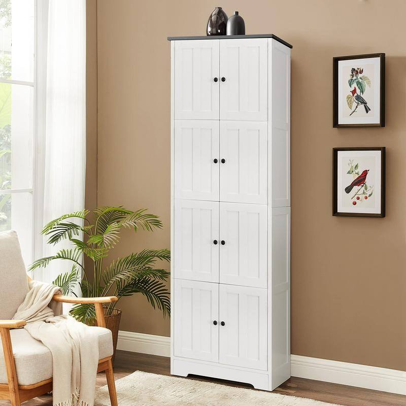 Tall Storage Cabinet with 8 Doors and 4 Shelves, Wall Storage Cabinet for Living Room, Kitchen, Office, Bedroom, Bathroom