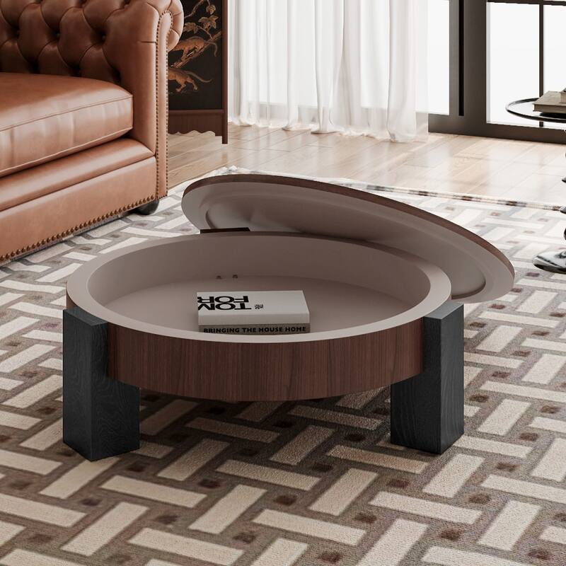 33" Round Coffee Table with Hidden Storage, Parquet Veneer Top Table, 3 Block Legs Sturdy Center Accent Table for Living Room - Walnut+black