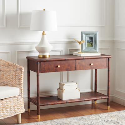 SAFAVIEH Tudor Dark Brown/ Gold 2-Drawer 1-Shelf Console Table - 42" W x 15.8" L x 29" H