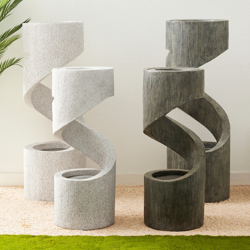 Glitzhome Modern Minimalist Spiral LED Polyresin Outdoor Fountain with Small Planter