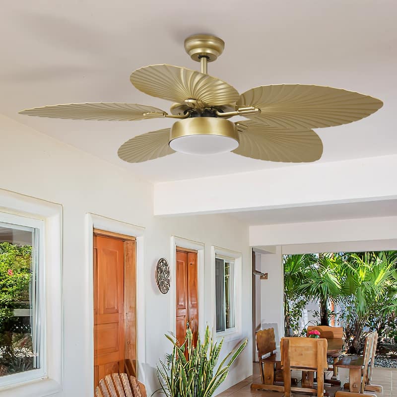 52" Moasis Palm Leaf Ceiling Fan LED Light Tropical Style with Remote - Gold Blades