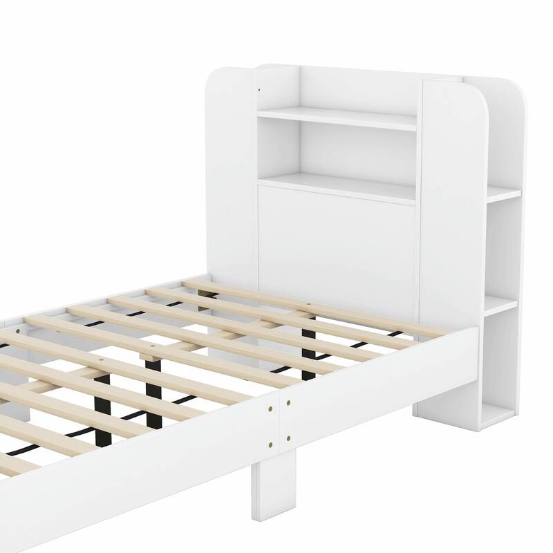 Platform Bed with Storage Headboard, Multiple Shelves on Both Sides