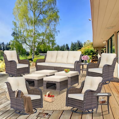 11 Piece Rattan Wicker Outdoor Patio Furniture with Swivel Chairs Set