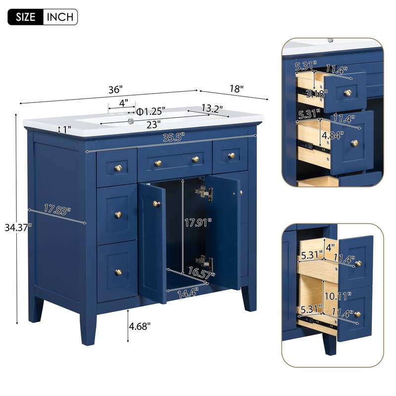 36'' Bathroon Vanity with Resin Sink Combo Set, Modern Freestanding Single Bathroom Cabinet with 6 Drawers & 2 Cabinets