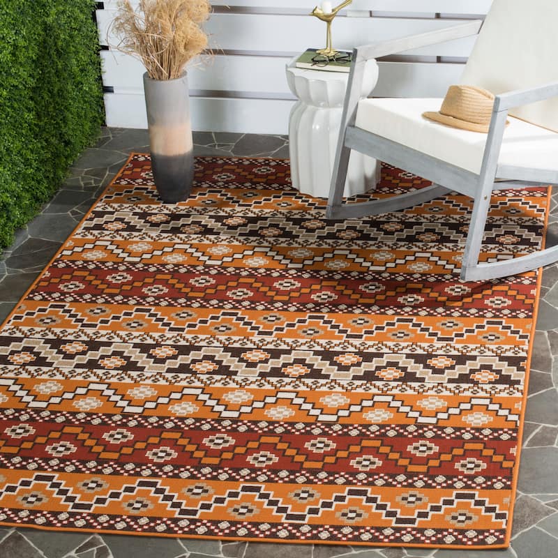 SAFAVIEH Veranda Rudy Indoor/ Outdoor Waterproof Patio Backyard Rug - 4' x 5'7" - Red/Chocolate