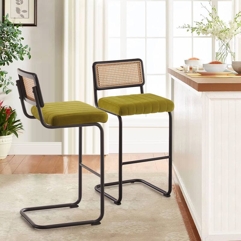Velvet Upholstered Rattan Counter/Bar Stools, Set of 2/3