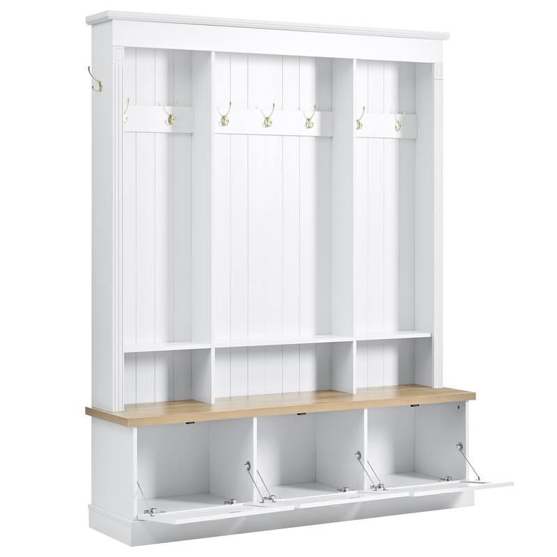 APP Controlled LED Hall Tree with Storage Bench - Farmhouse Entryway Bench with 9 Hooks, 3 Cabinets & Shelves for Mudroom