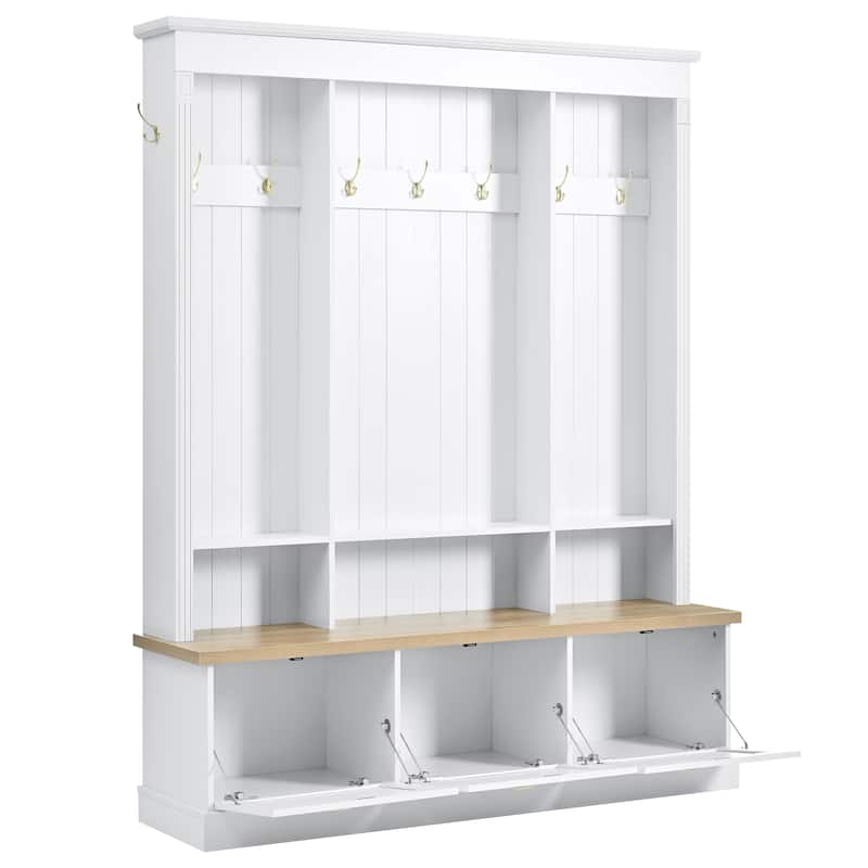 Large LED Hall Tree with 9 Hooks, Roman Column Design Storage Bench with 3 Cabinets, Farmhouse Entryway Organizer with Shelves