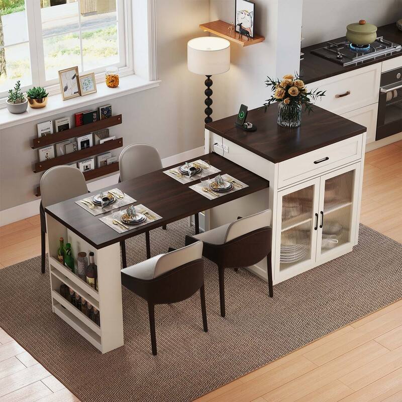 Extendable Dining Table with Tempered Glass Doors,Power Outlet